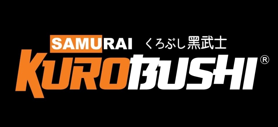Samurai Kurobushi armored warrior mascot in orange and red armor with sword on dark background
